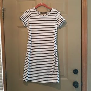 Knee-length white and navy striped dress- MATERNITY